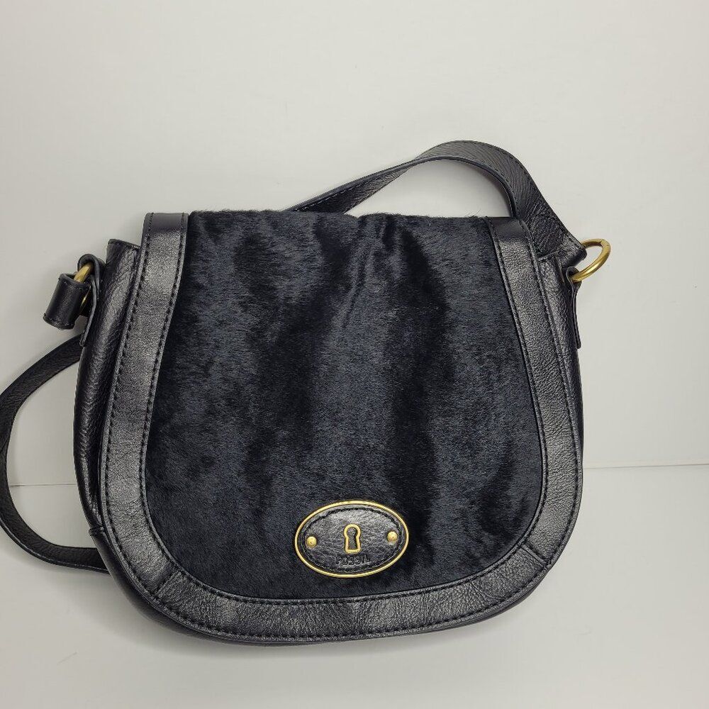 FOSSIL Vintage Re-Issue Black Leather Calf Hair Crossbody Shoulder Bag